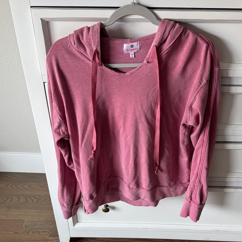 Sundry Rose Pink Distressed Hooded Pullover Sweatshirt
